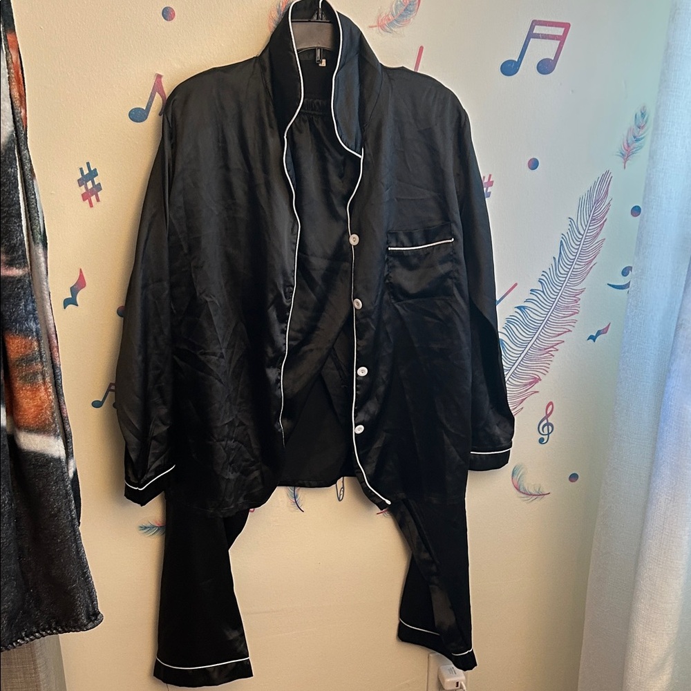 Black Satin Pajama Set with White Piping